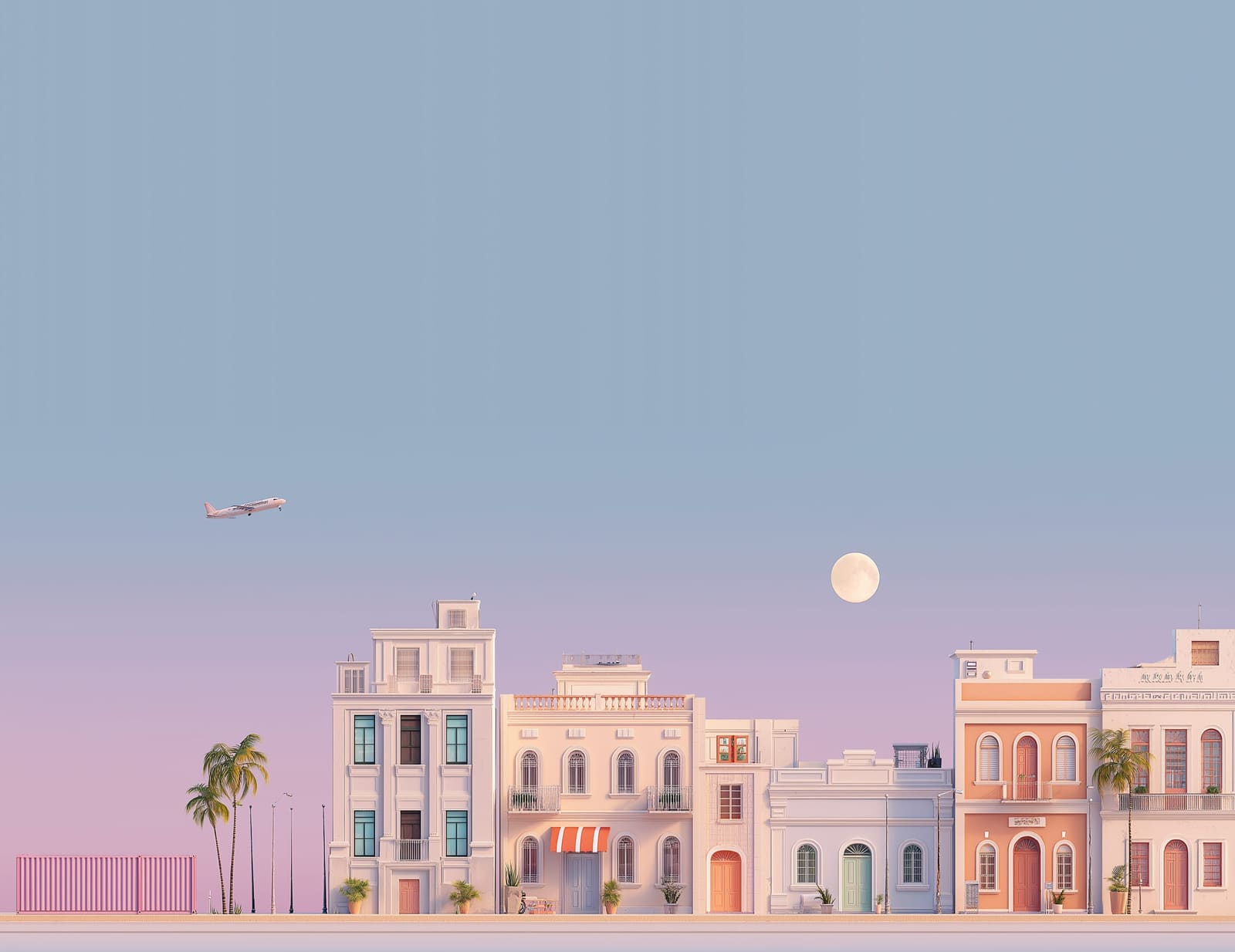 Retro-futuristic pastel street with a pink shipping container